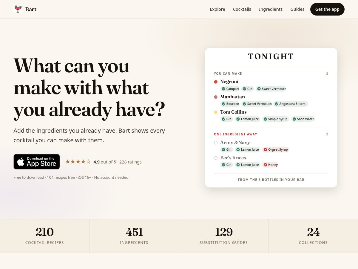 Landing-page snapshot of bartcocktails.app
