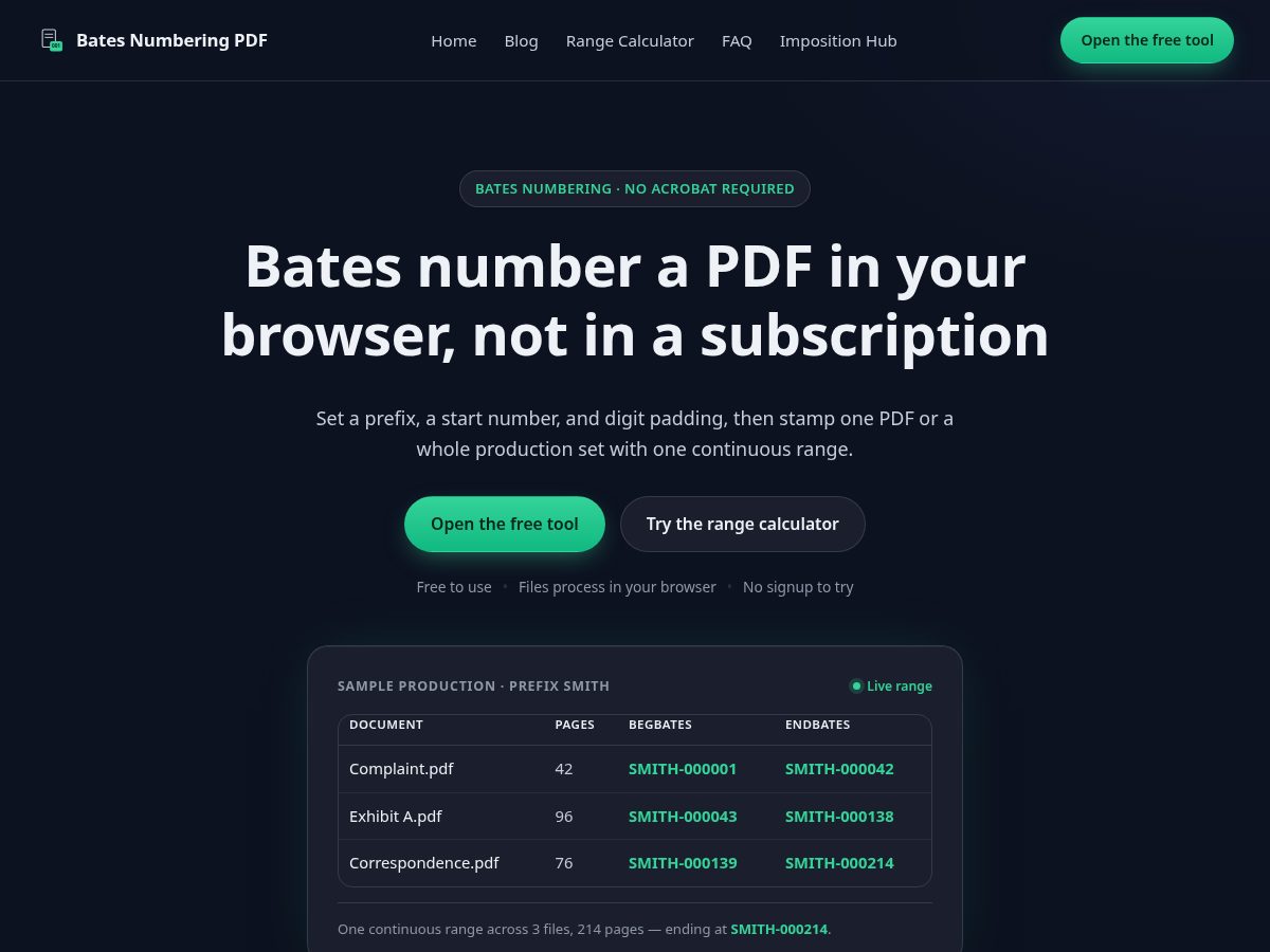 Landing-page snapshot of batesnumberingpdf.com