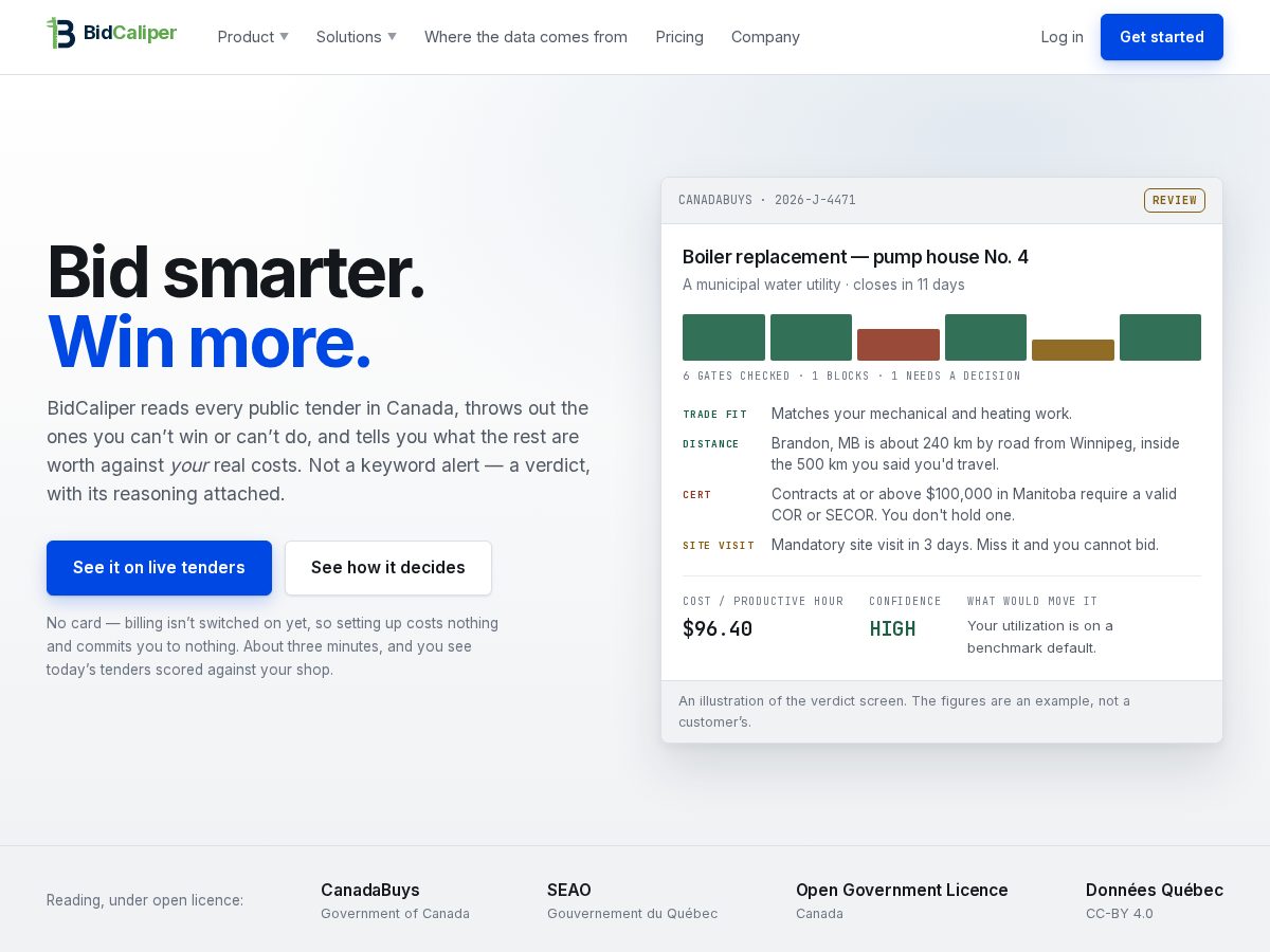 Landing-page snapshot of bidcaliper.com