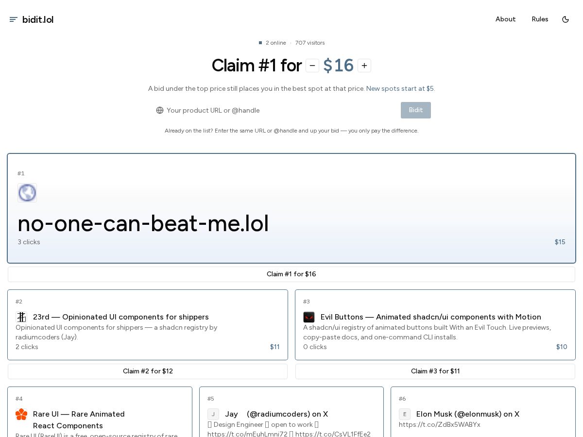 Landing-page snapshot of bidit.lol