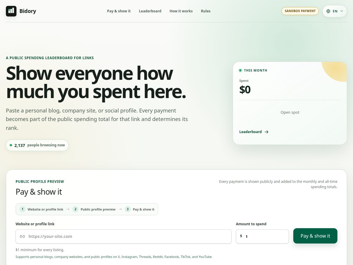 Landing-page snapshot of bidory.lol