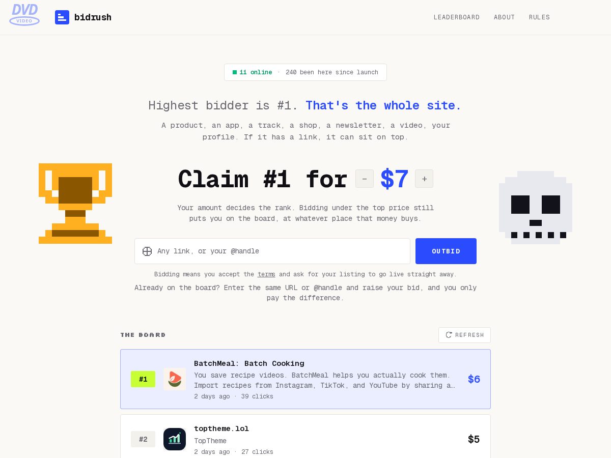 Landing-page snapshot of bidrush.lol