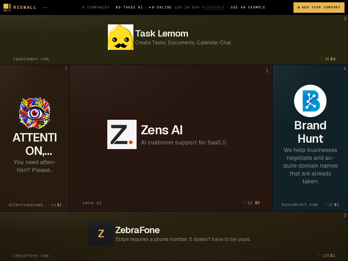 Landing-page snapshot of bidwall.lol