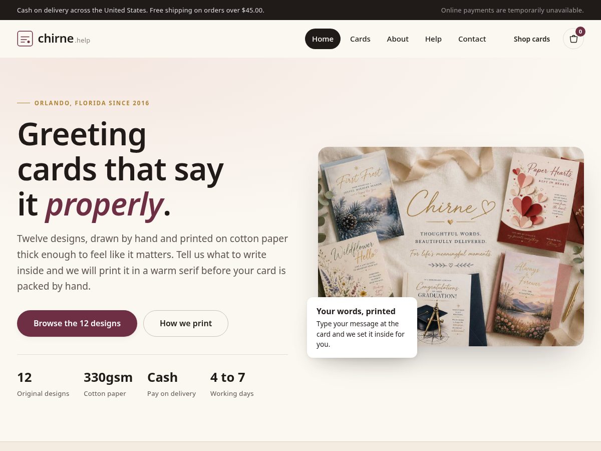 Landing-page snapshot of chirne.help