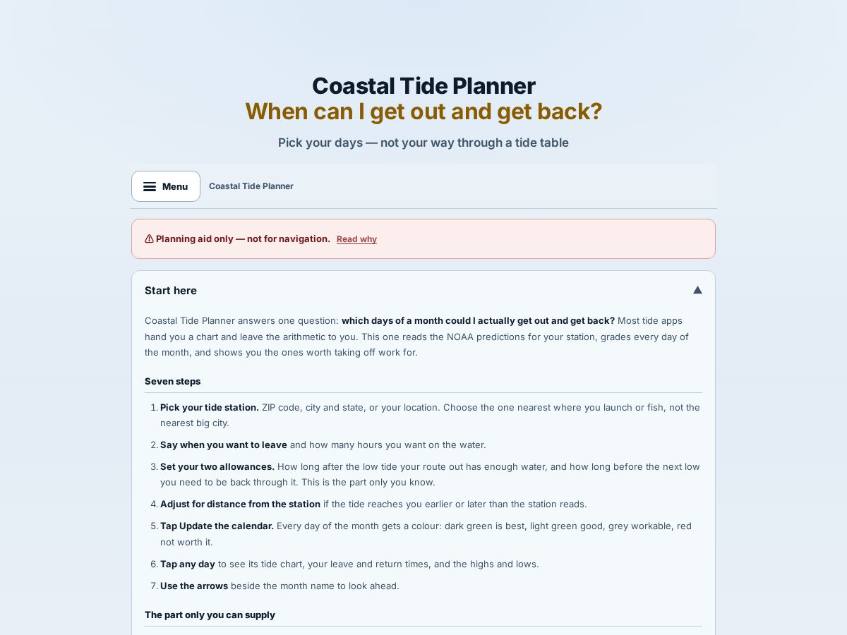 Landing-page snapshot of coastaltideplanner.com