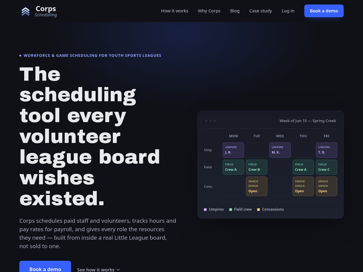Landing-page snapshot of corpsscheduling.com