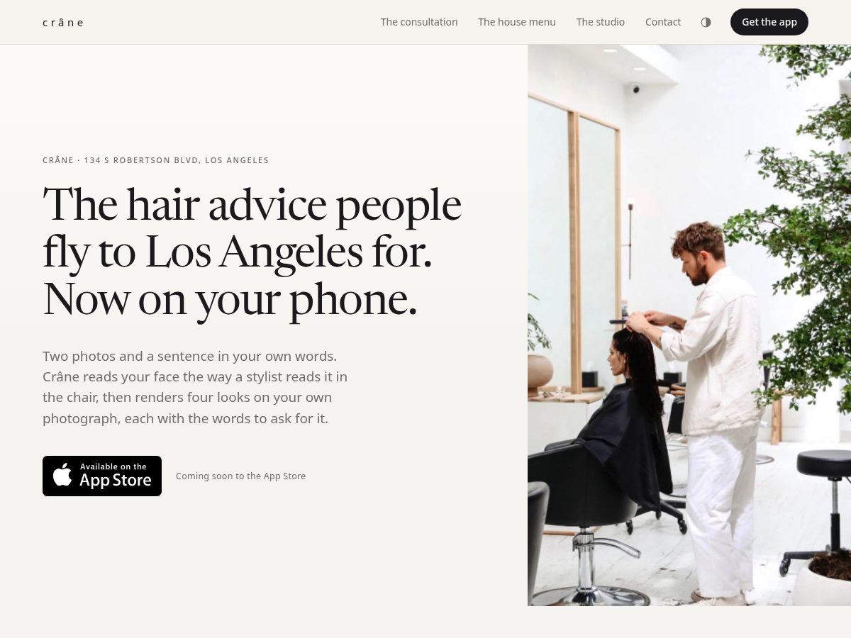 Landing-page snapshot of cranehair.com