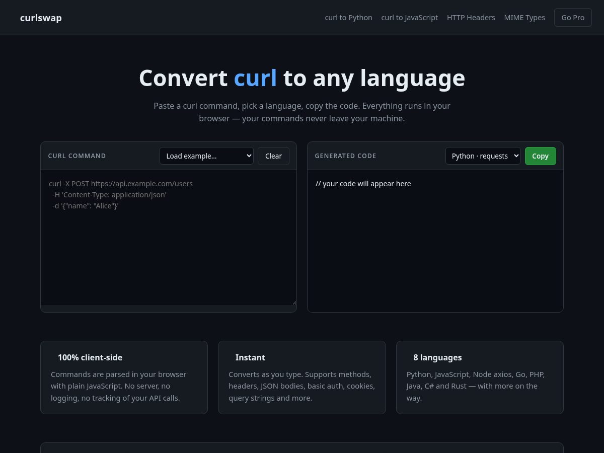 Landing-page snapshot of curlswap.pro