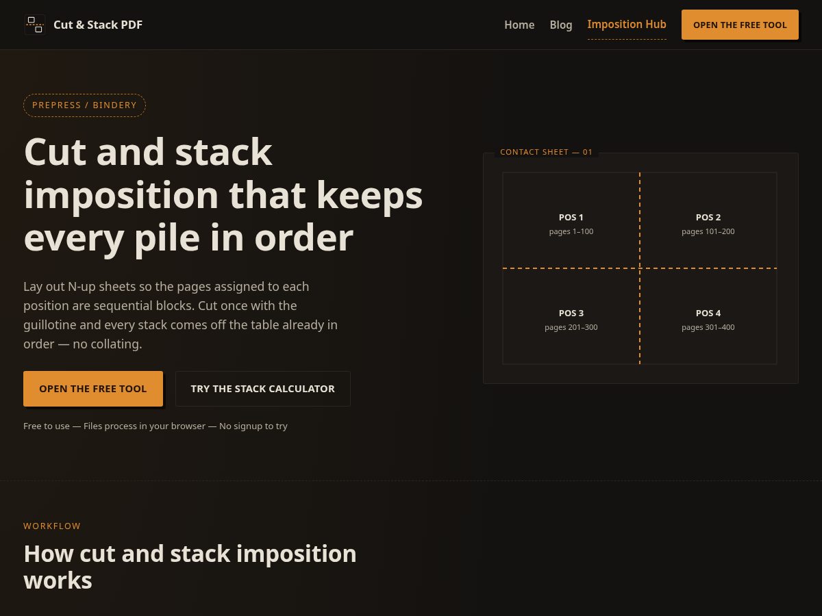 Landing-page snapshot of cutandstackpdf.com