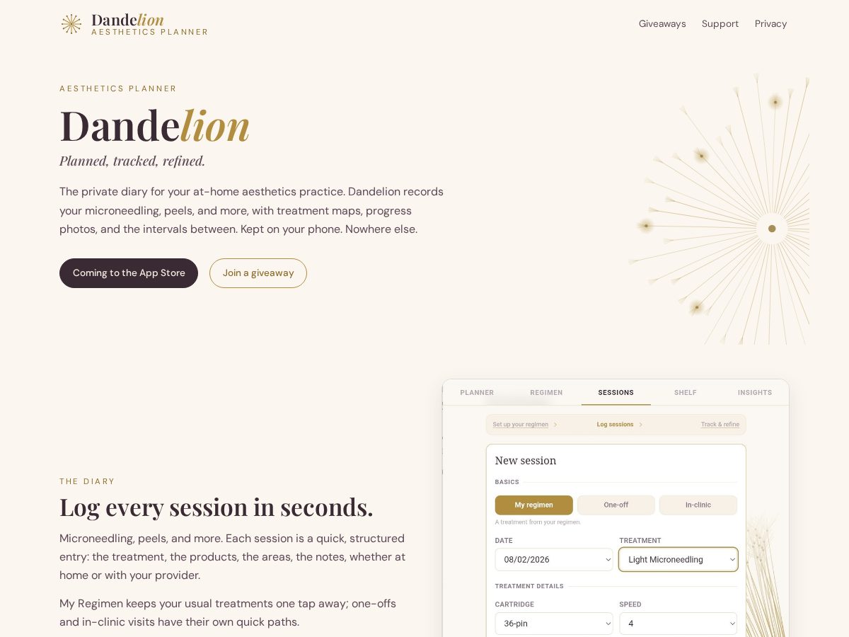 Landing-page snapshot of dandeliondex.com
