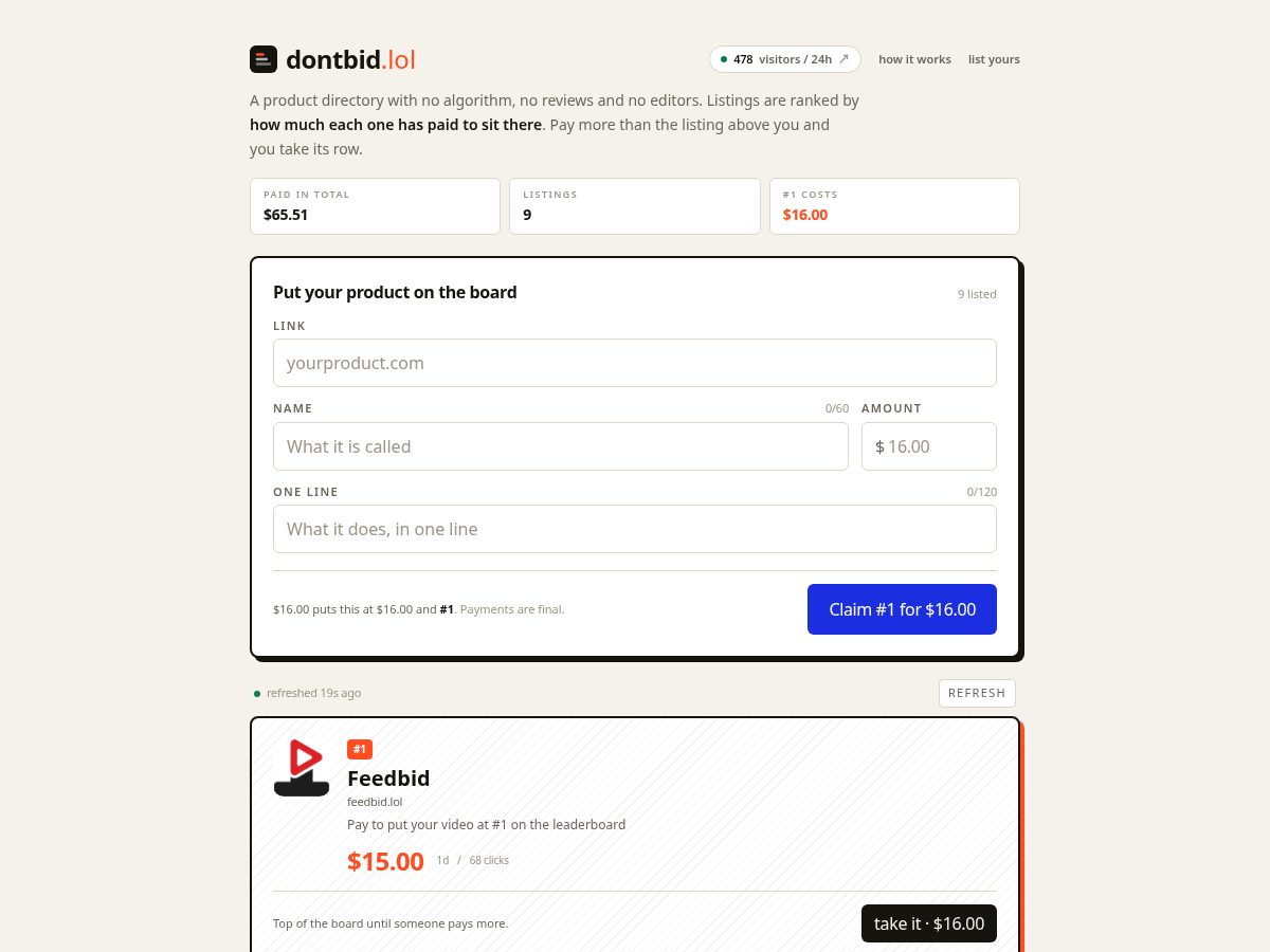Landing-page snapshot of dontbid.lol