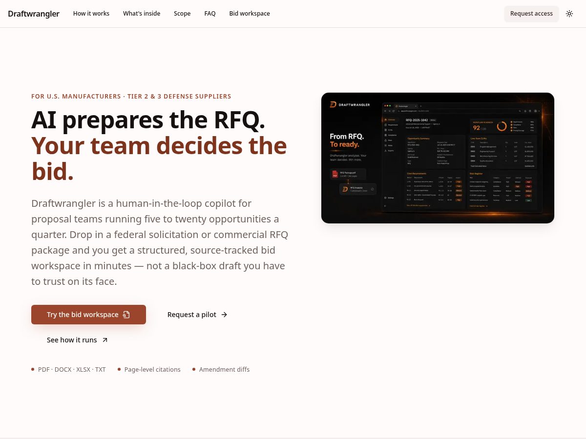 Landing-page snapshot of draftwrangler.com