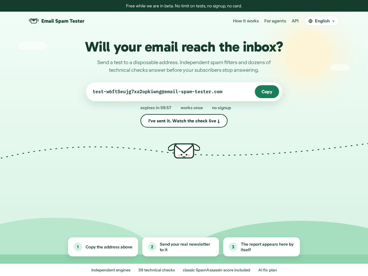 Landing-page snapshot of email-spam-tester.com