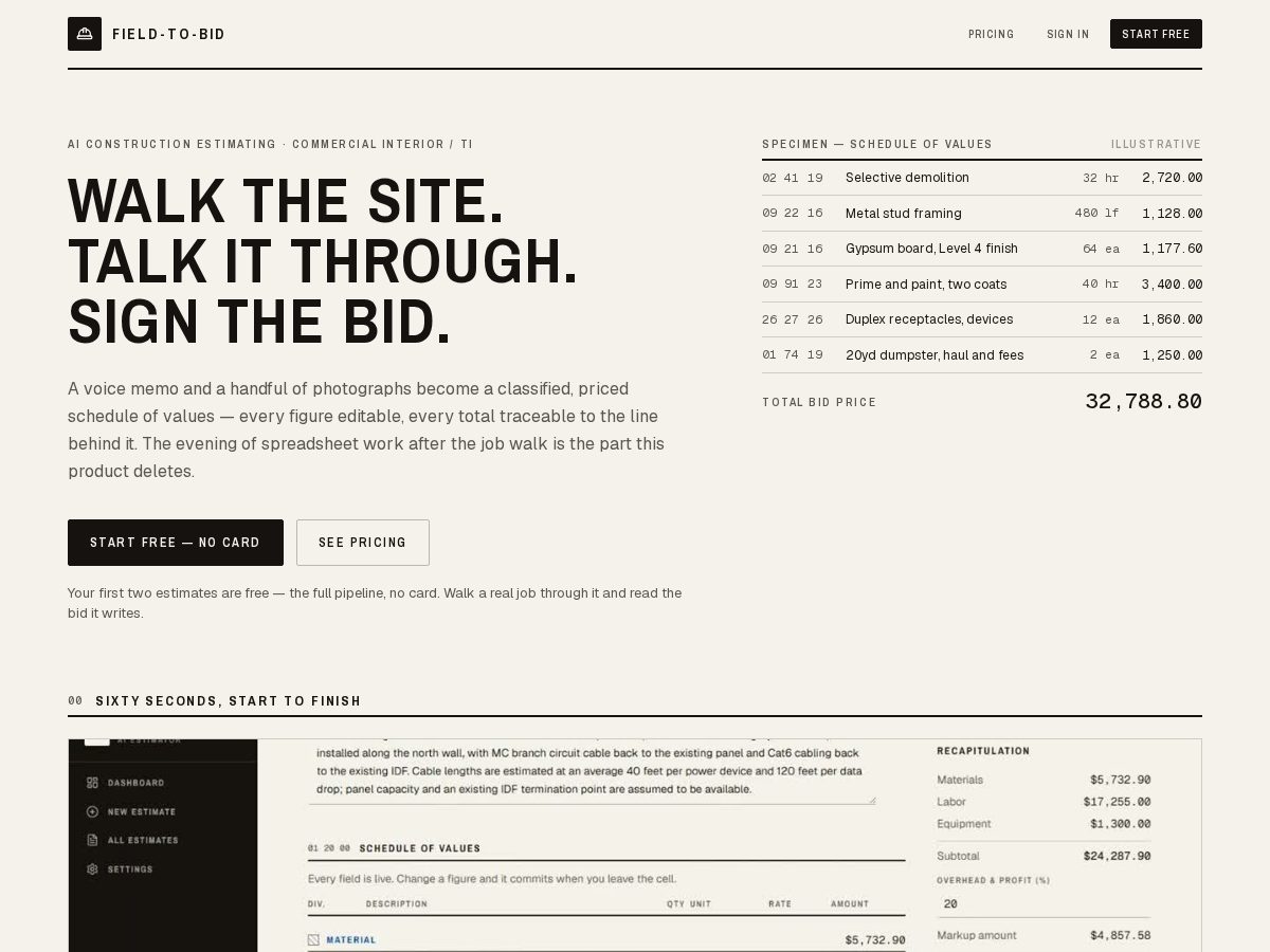 Landing-page snapshot of fieldtobid.com
