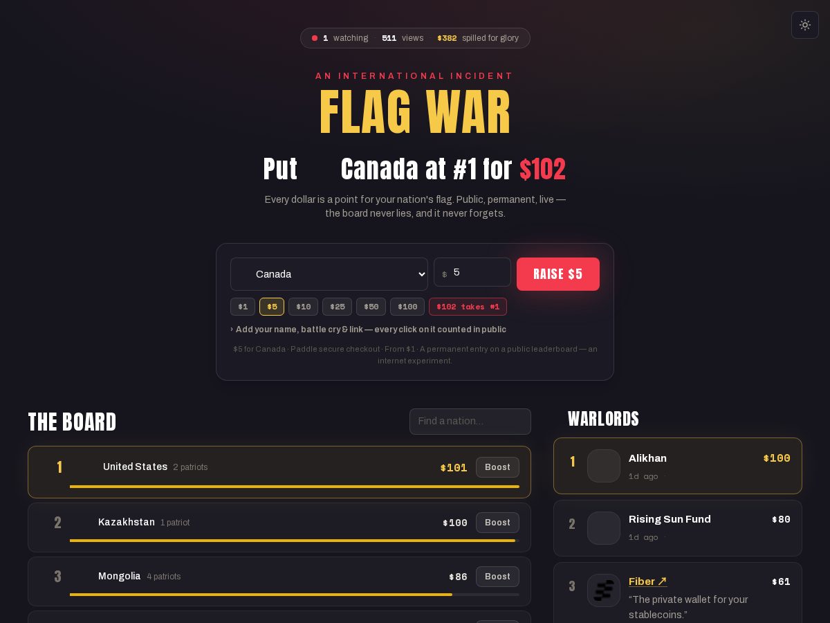 Landing-page snapshot of flagwar.fun