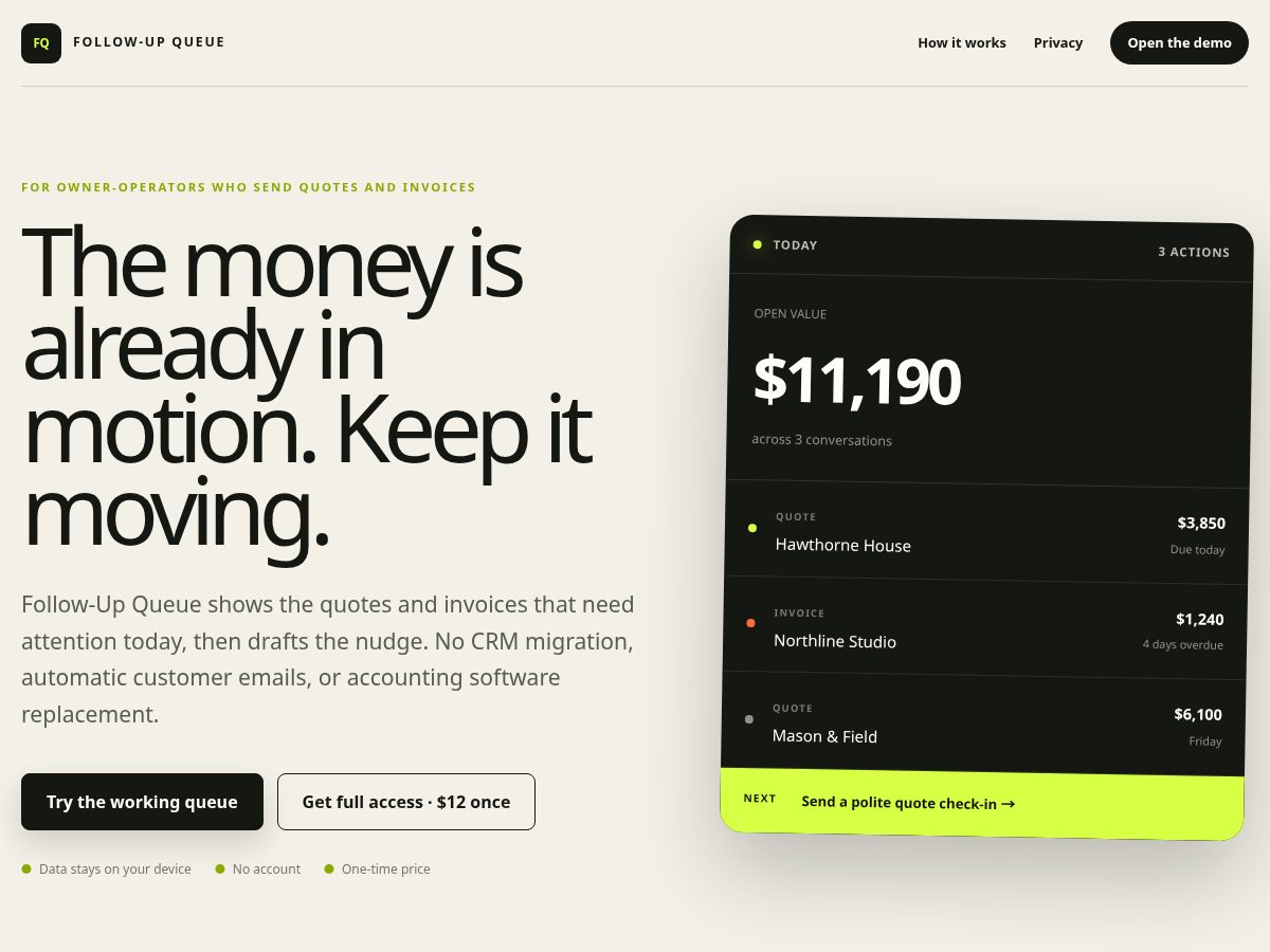 Landing-page snapshot of followupqueue.com