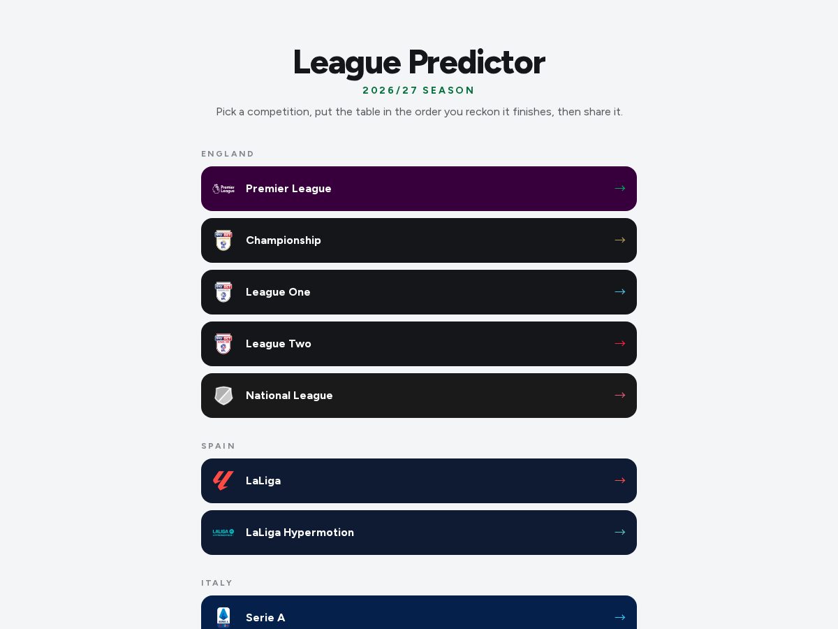 Landing-page snapshot of footballtablepredictor.com