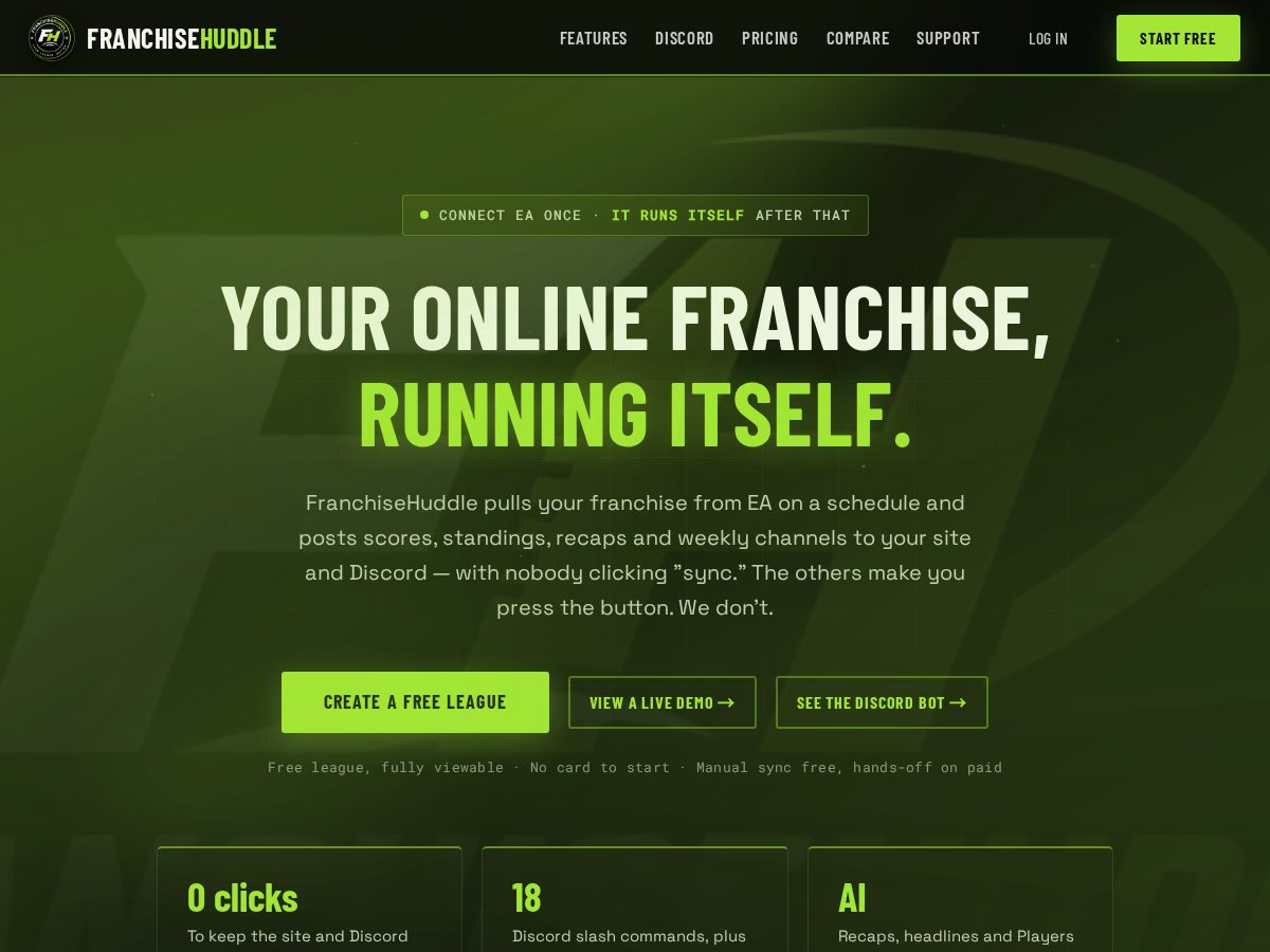 Landing-page snapshot of franchisehuddle.app
