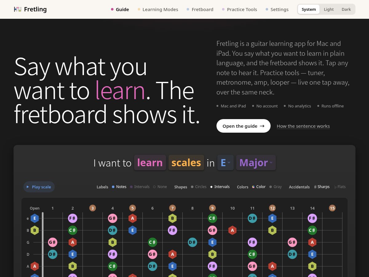 Landing-page snapshot of fretling.app