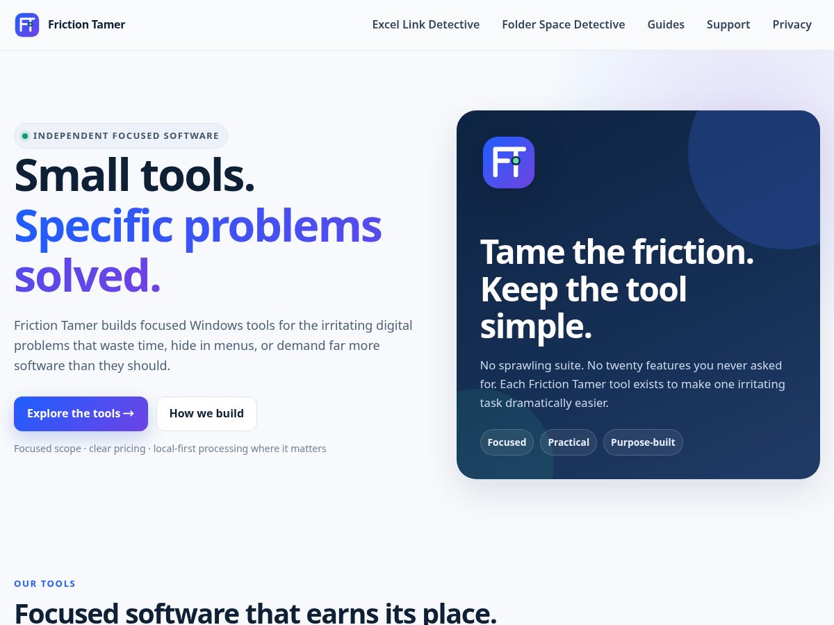 Landing-page snapshot of frictiontamer.com