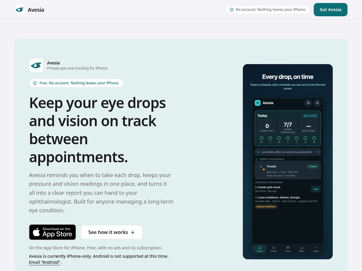 Landing-page snapshot of getavesia.com