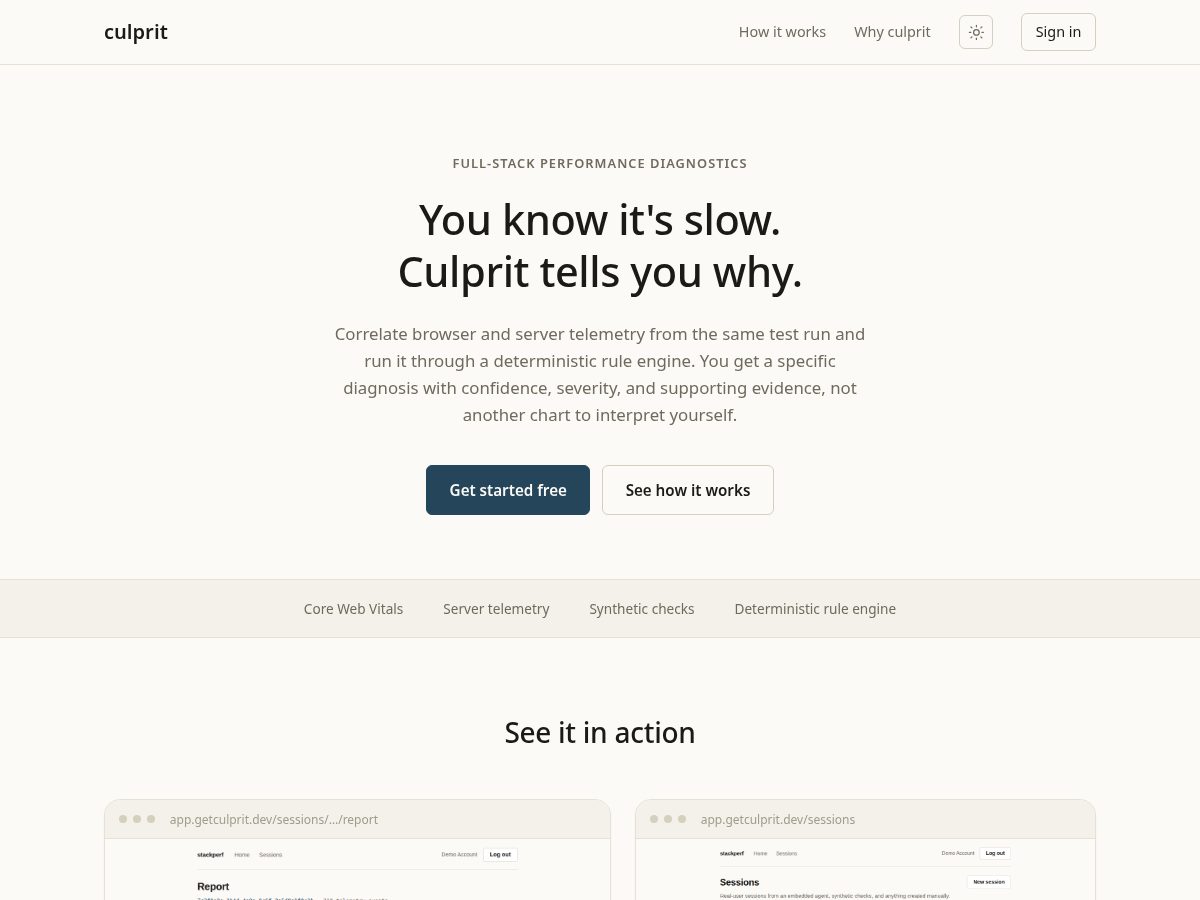 Landing-page snapshot of getculprit.dev