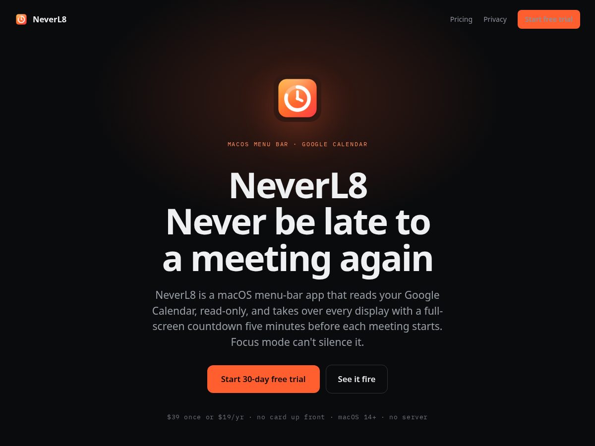 Landing-page snapshot of getneverl8.com