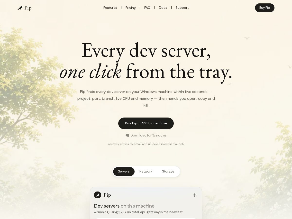 Landing-page snapshot of getpip.dev