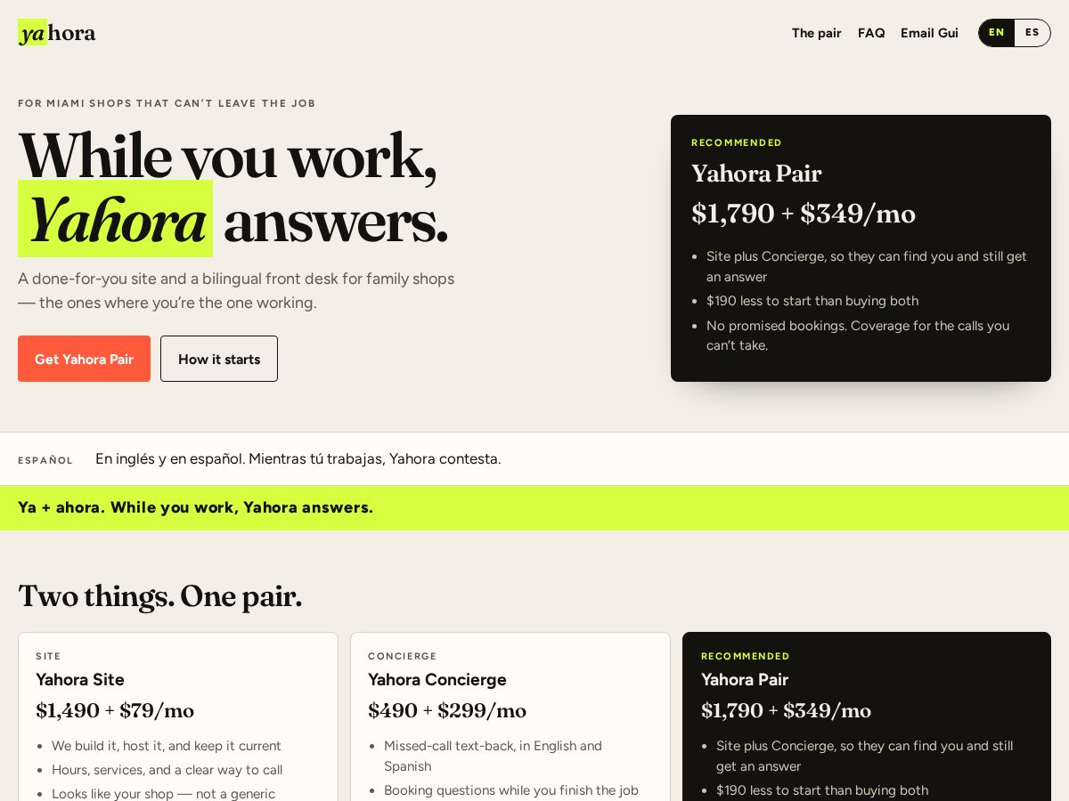 Landing-page snapshot of getyahora.com