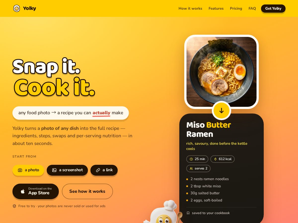Landing-page snapshot of getyolky.com
