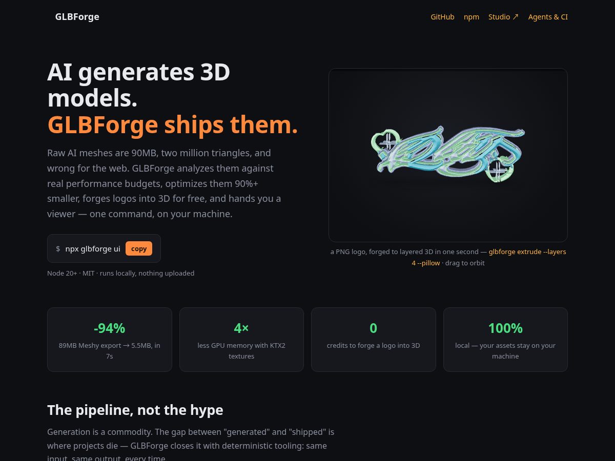 Landing-page snapshot of glbforge.dev
