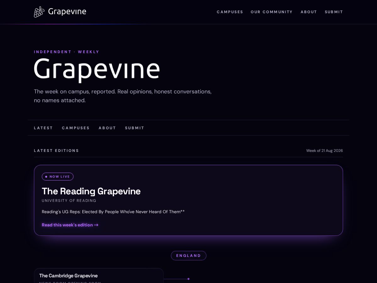 Landing-page snapshot of grapevineuni.news