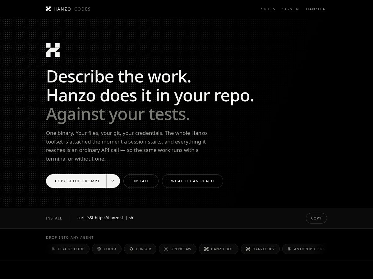 Landing-page snapshot of hanzo.codes