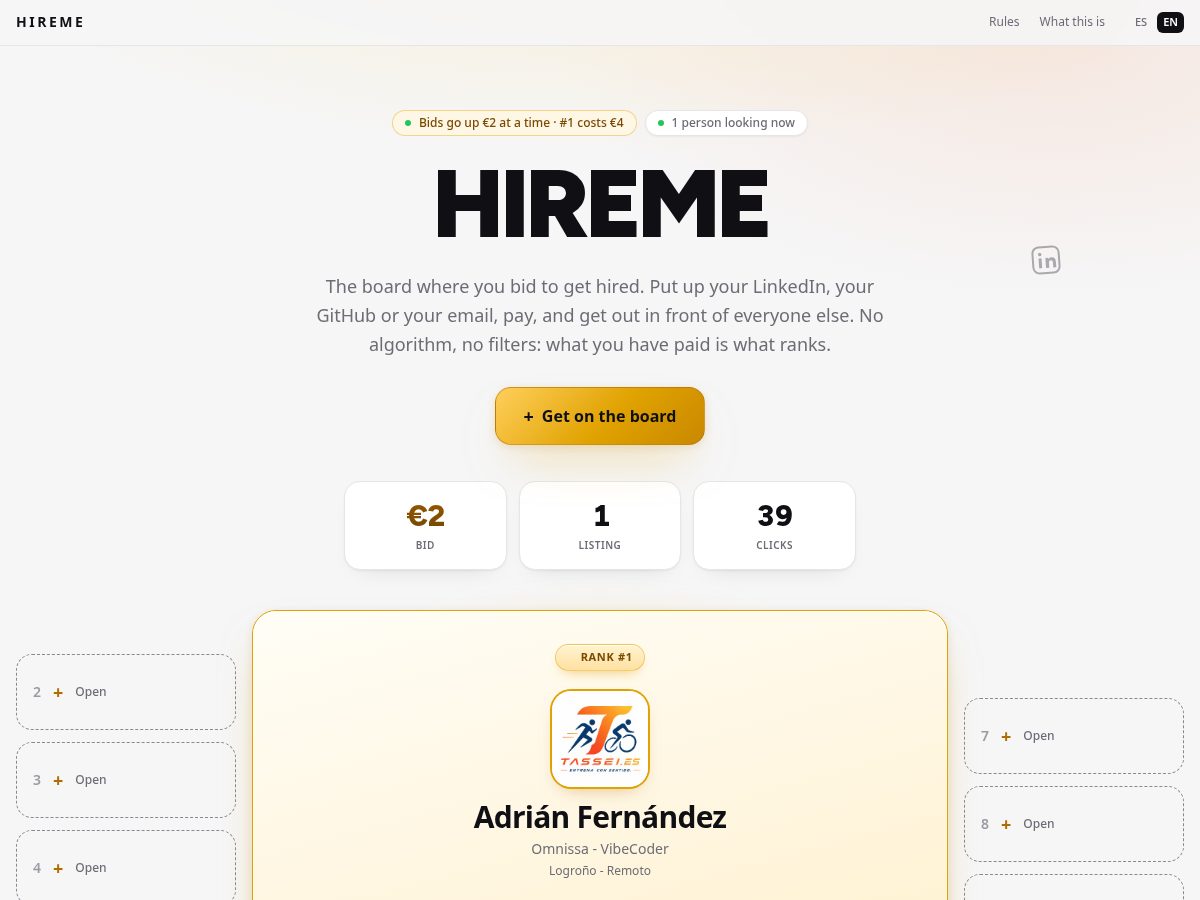 Landing-page snapshot of hireme.space