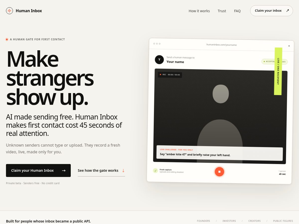 Landing-page snapshot of humaninbox.email