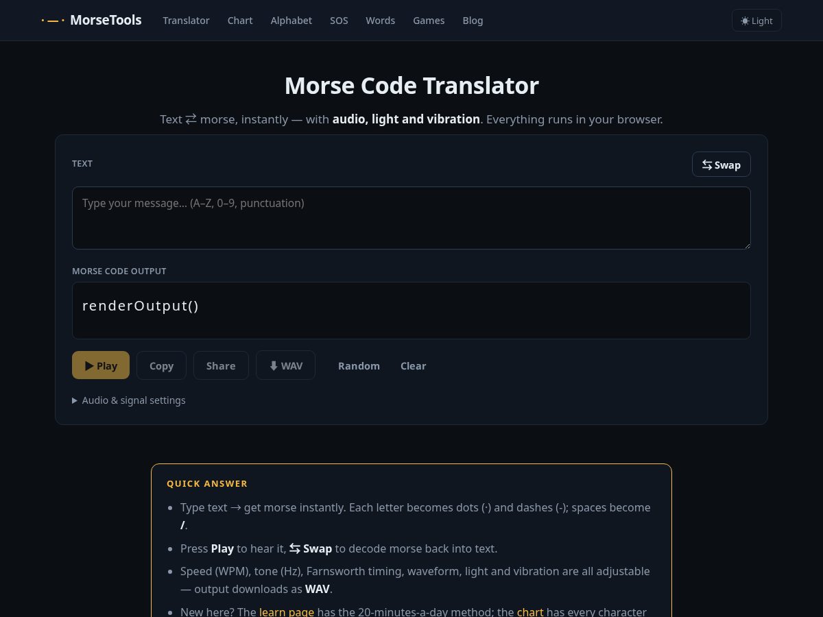 Landing-page snapshot of justmorsecode.com