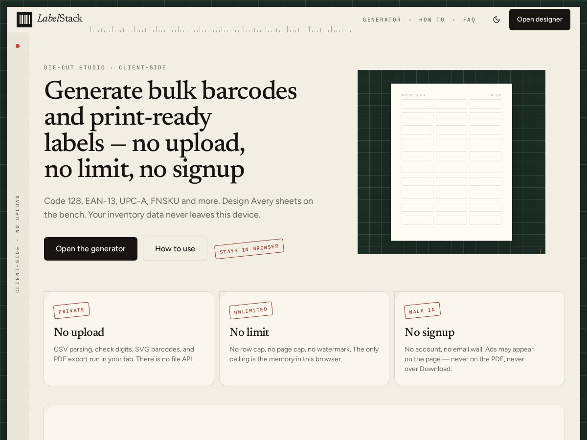 Landing-page snapshot of labelstack.app