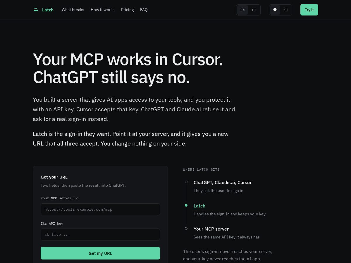 Landing-page snapshot of latchmcp.dev