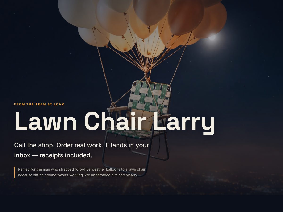 Landing-page snapshot of lawn-chair-larry.com