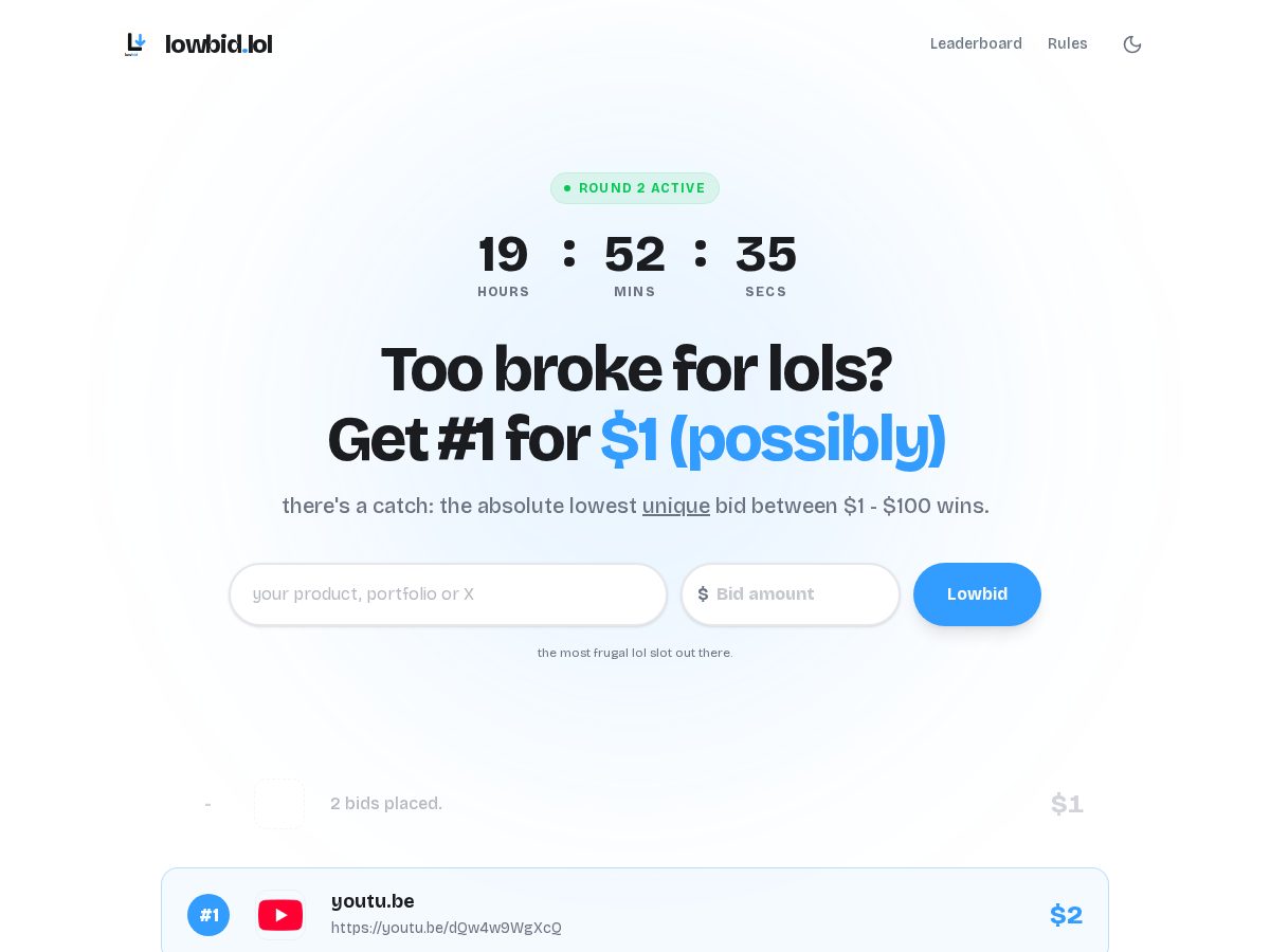 Landing-page snapshot of lowbid.lol