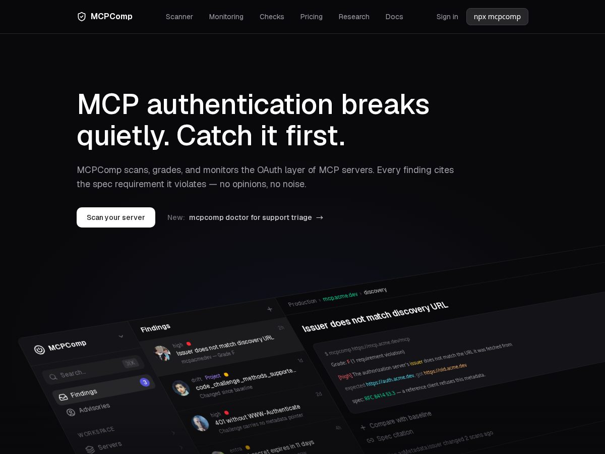Landing-page snapshot of mcpcomp.dev