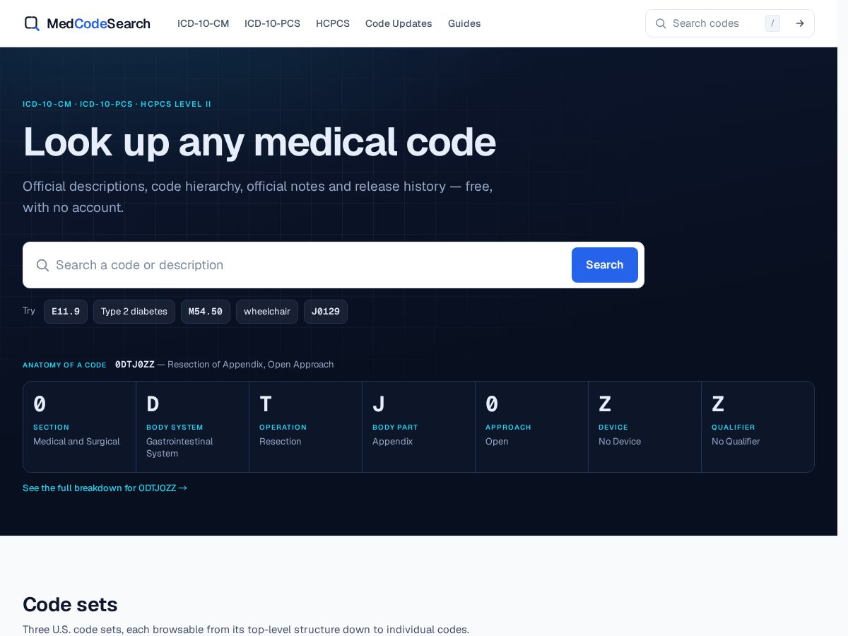 Landing-page snapshot of medcodesearch.com