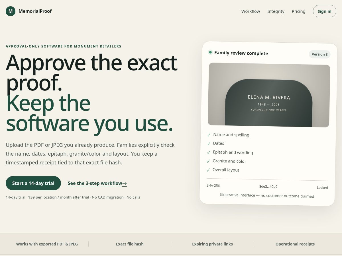 Landing-page snapshot of memorialproof.com