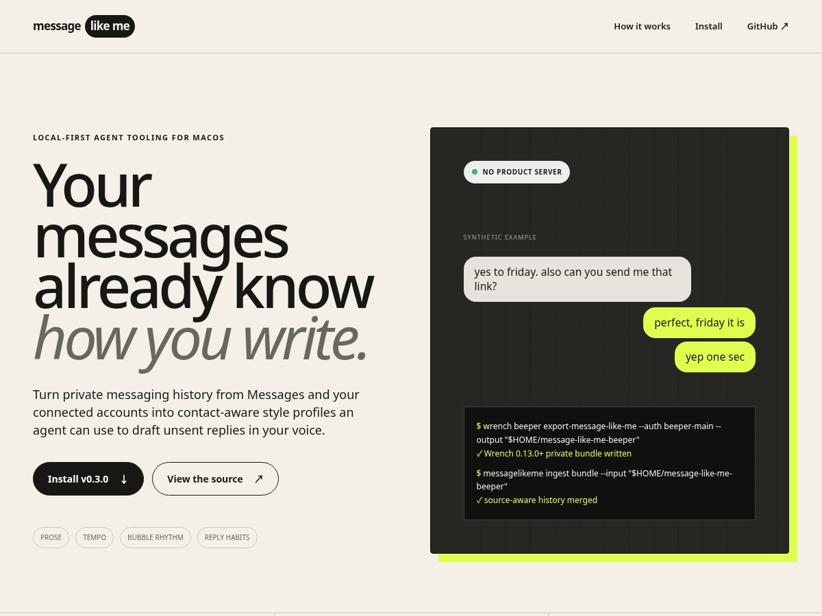 Landing-page snapshot of messagelikeme.com