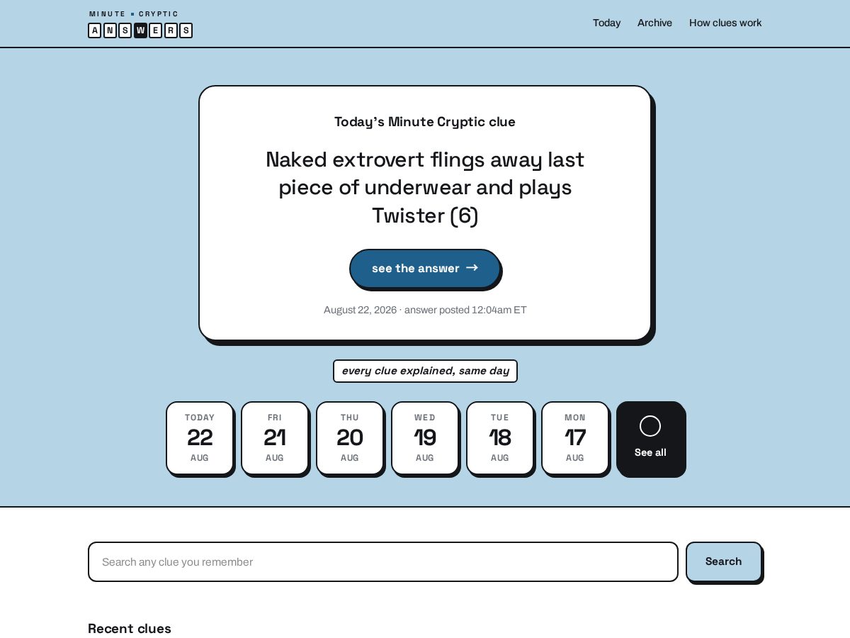 Landing-page snapshot of minutecrypticanswers.com