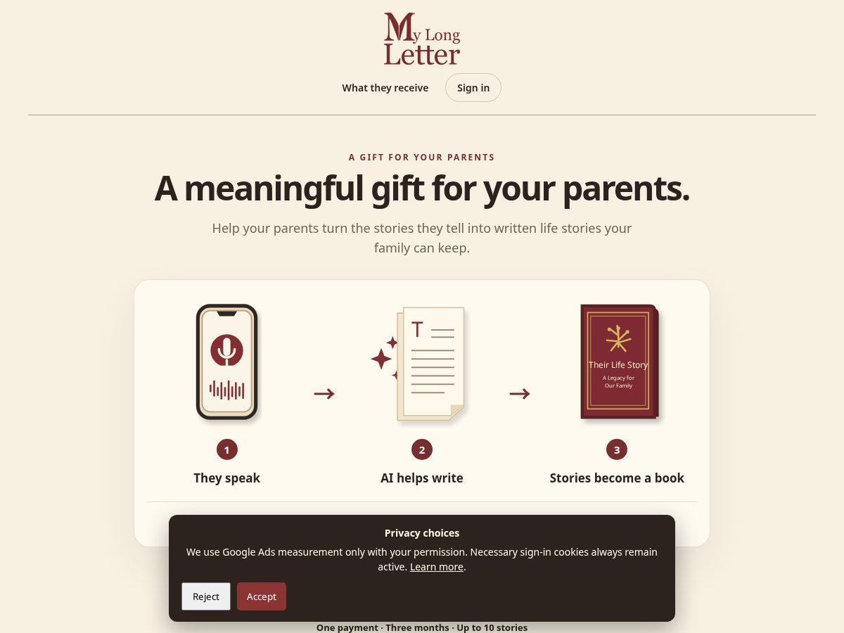 Landing-page snapshot of mylongletter.com