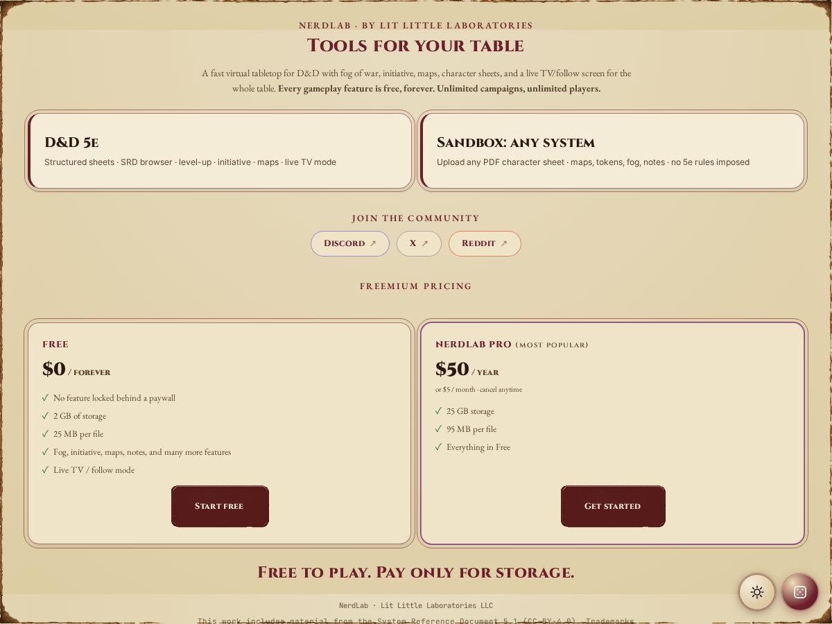 Landing-page snapshot of nerdlabvtt.com