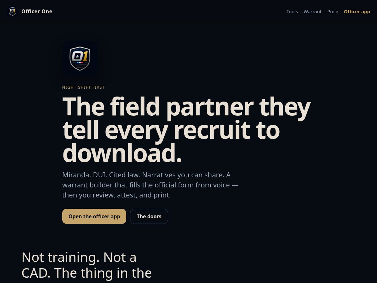 Landing-page snapshot of officerone.app