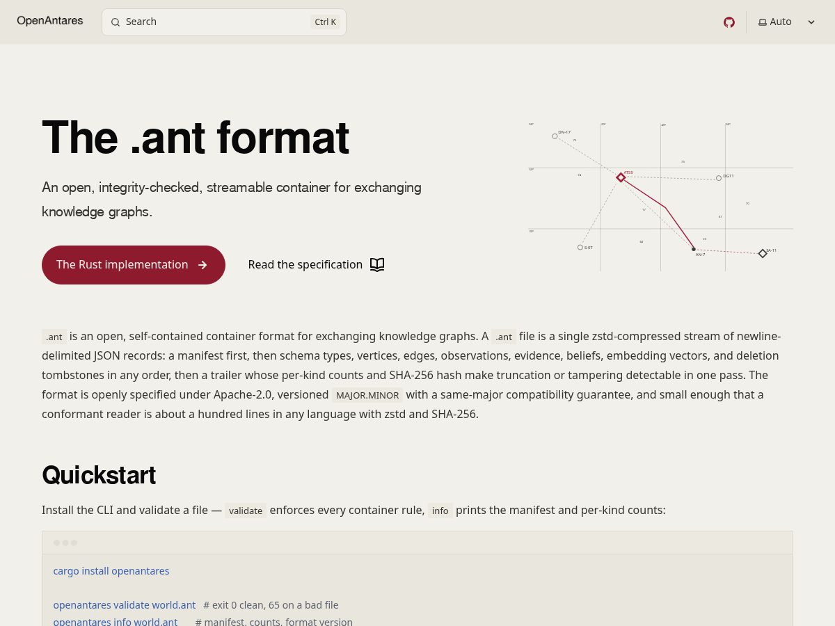 Landing-page snapshot of openantares.org