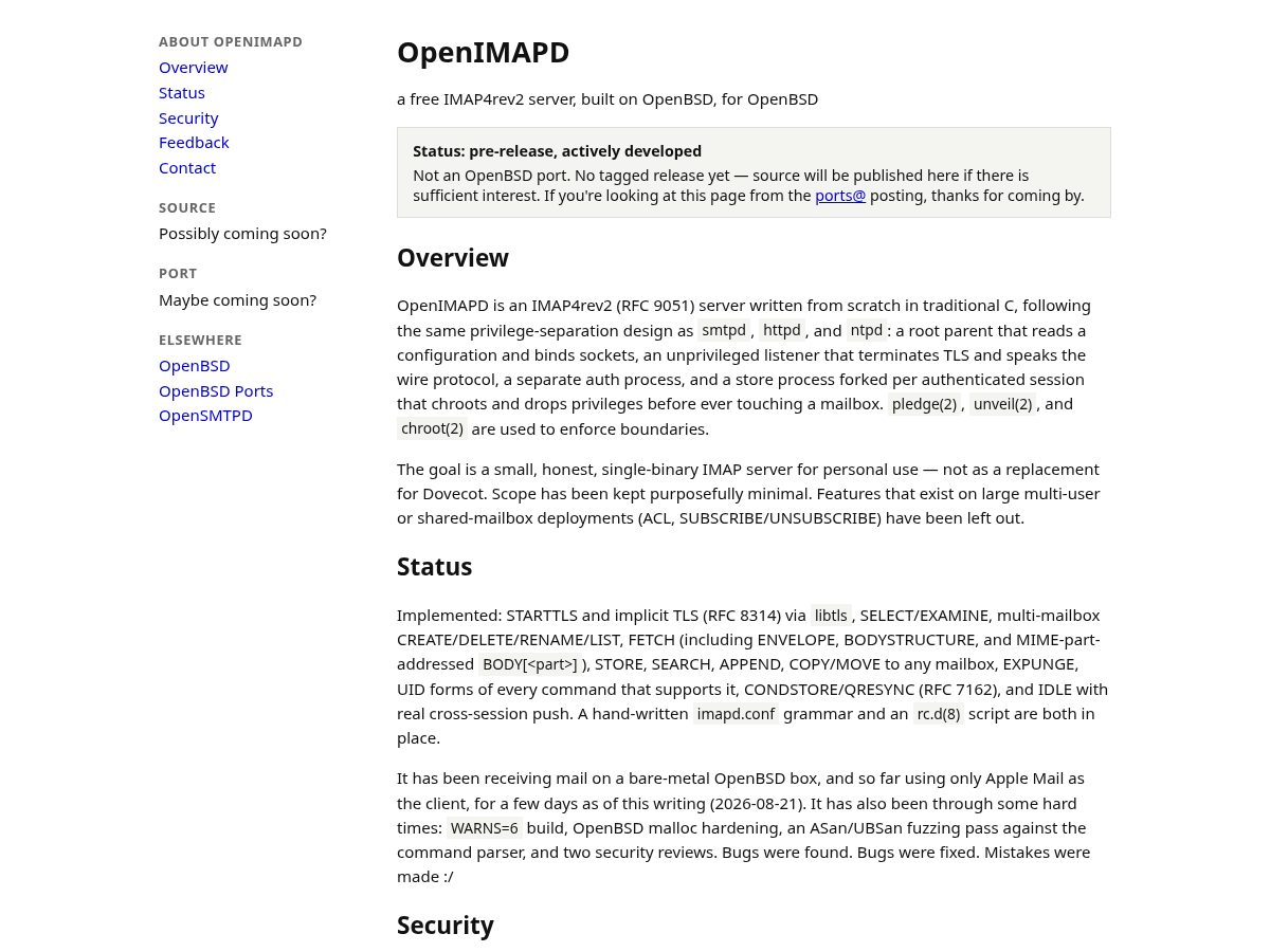 Landing-page snapshot of openimapd.dev